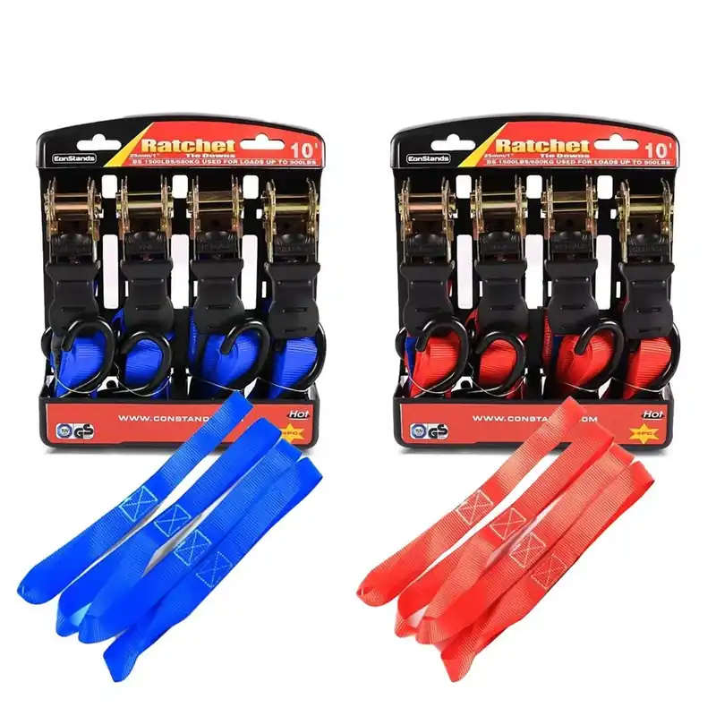 Merkproduct Set 8x Spanbanden met Ratel en Haken + 8x Sjorlussen ConStands rood en blauw