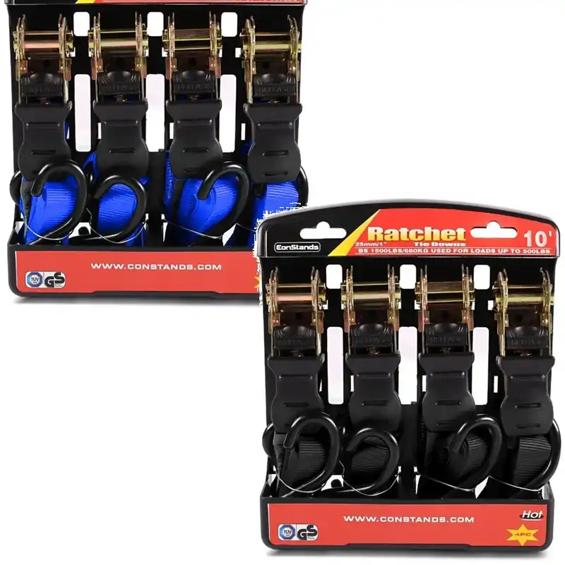 Meest Verkocht Set: Motorfiets Spanband Set met ratel en haak incl 4x lastlussen in Constands + Motorfiets Spanband Set met ratel en haak incl 4x lastlussen in