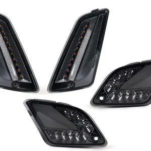 Knipperlicht Set voorkant+hinten Moto Nostra (van Bj.2014) dynamisches LED Lauflicht, Dagrij verlichting voorkant + Positionslicht achter (E-Goedkeuring) Vespa GT, GTL, GTV, GTS 125-300 smoked Direct Beschikbaar
